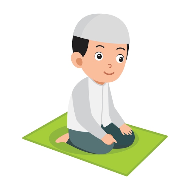 Cute muslim kid praying or shalat with tahiyat gesture