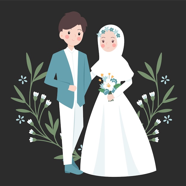 Cute muslim wedding character flat vector illustration