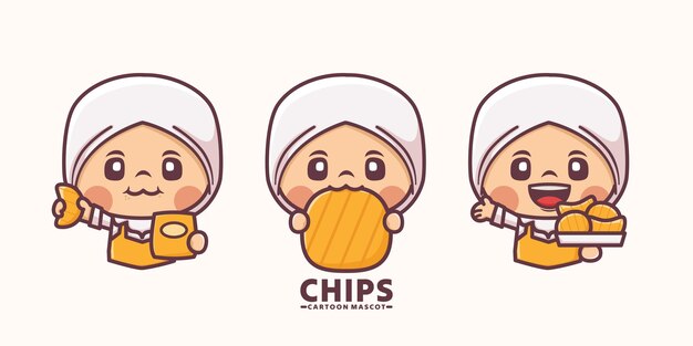 Vector cute muslim woman cartoon mascot with chips vector illustration in outline style