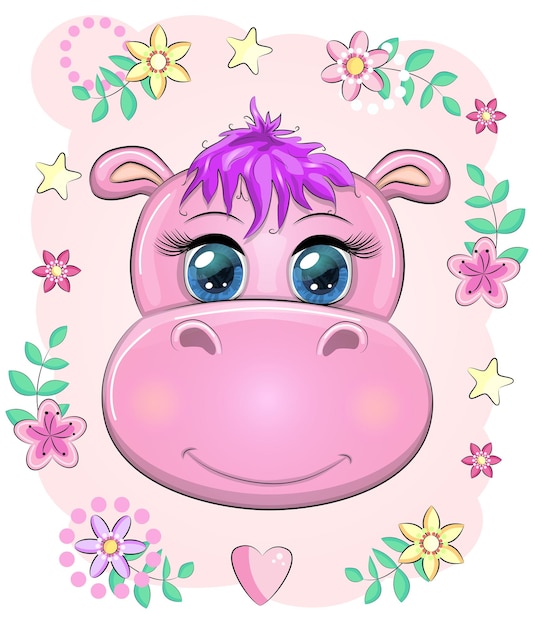 Cute muzzle cartoon hippo with beautiful eyes among flowers hearts print tshirts baby shower invitation card