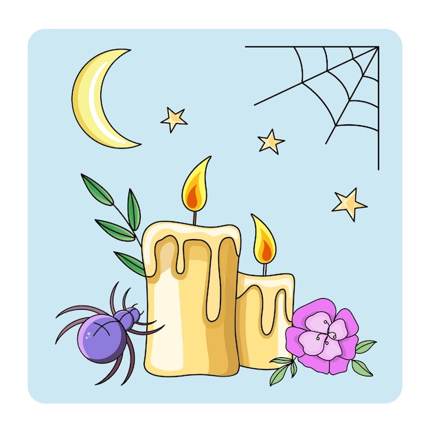 Cute Mystic icon, candles, flower, spider, stars, web, crescent, branches