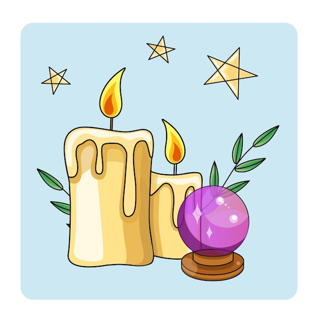 Vector cute mystic icon, magic ball, candles, pentagram, stars, herbs