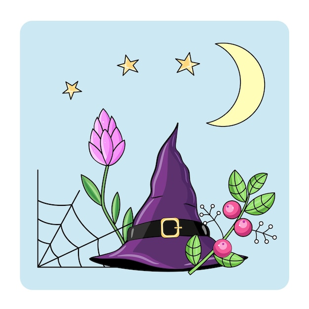 Cute Mystic icons of witch, hat, flower, crescent, moon, stars, web, berries, branches  stuff