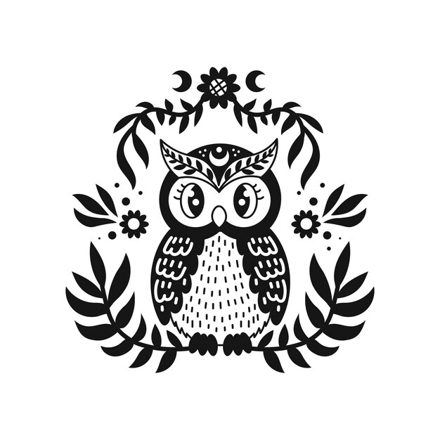 Cute mystical owl with floral ornament
