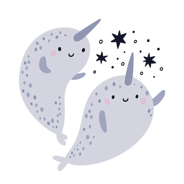 Cute narwhal illustration Baby animals in cartoon style Funny ocean animal character