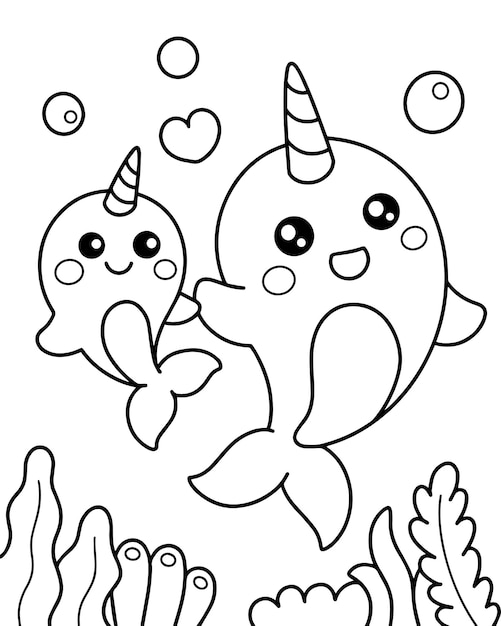 可愛いナルワール・ユニコーンのカラーページイラスト
