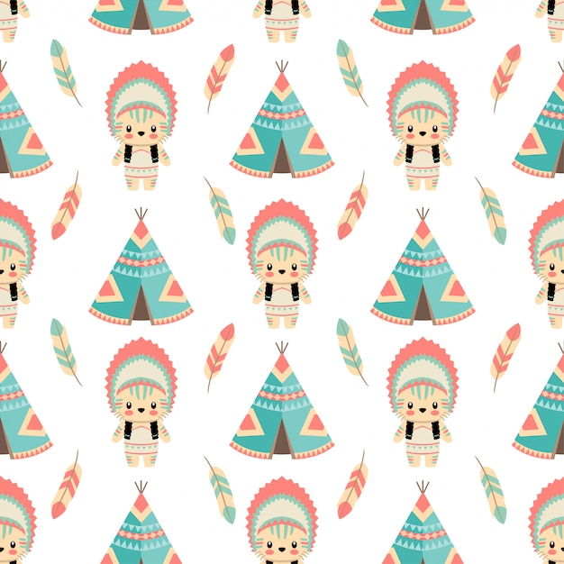 Vector cute native american cat animals cartoon seamless pattern