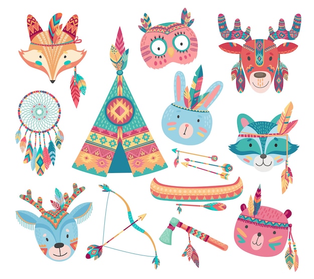 Cute native american or indian animal icons with tribal feather headdresses