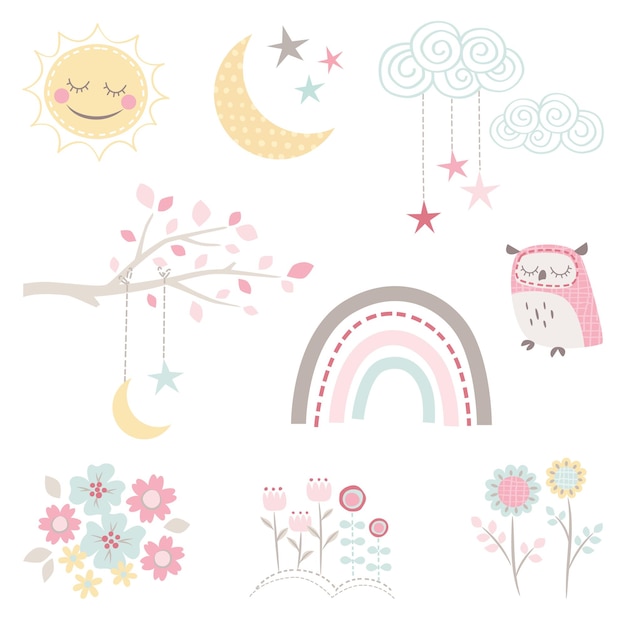 Cute nature icon illustration with sun and flower drawing design