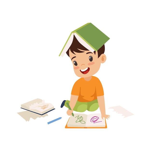 Cute Naughty Boy Ripping Pages of Book and Writing on It Bad Child Behavior Vector Illustration on White Background