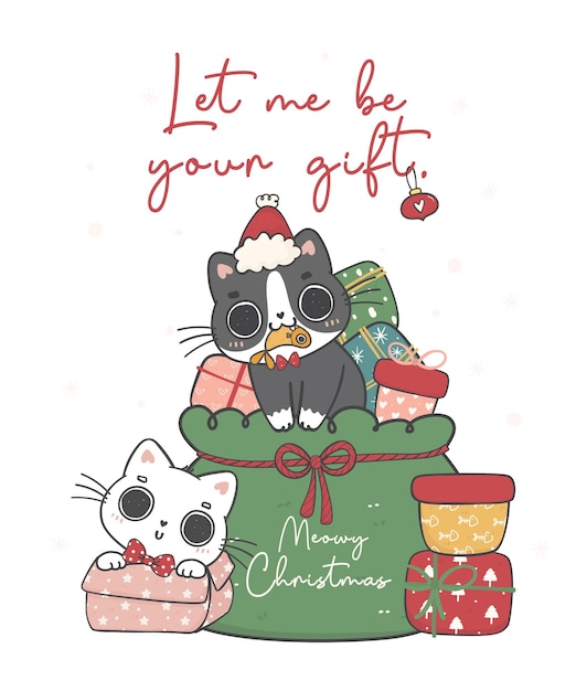 ギフト用の箱とサンタの赤いバッグでかわいいいたずらな子猫猫ニャーウィー クリスマスは私に漫画の動物を採用します。