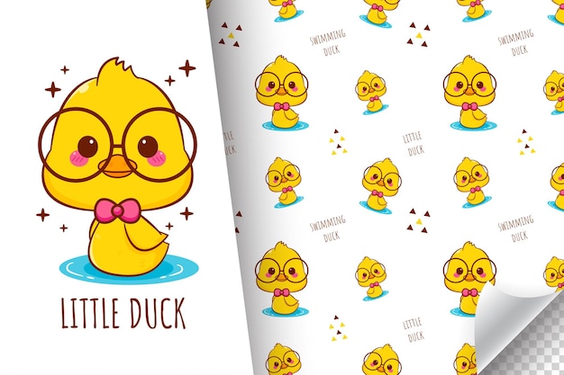 Cute nerd duck swimming with glasses cartoon character seamless pattern illustration