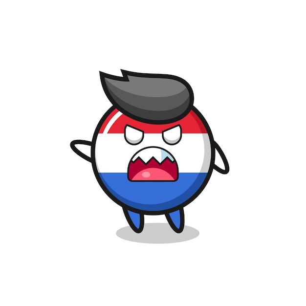 Cute netherlands flag badge cartoon in a very angry pose , cute style design for t shirt, sticker, logo element