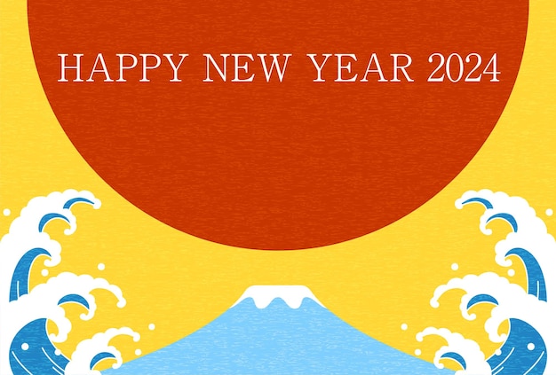 Cute New Year's cards without Chinese zodiac signs for 2024 Fuji sunrise and waves New Year's postcard material