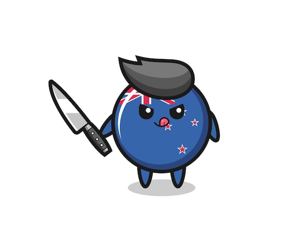 Cute new zealand flag badge mascot as a psychopath holding a knife