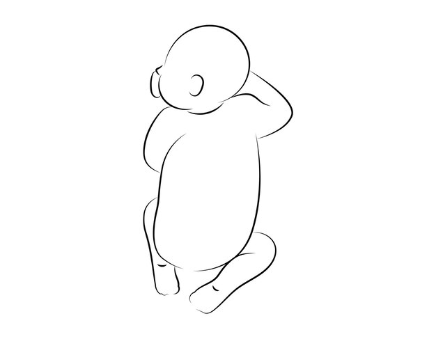 Cute newborn baby lying and sleeping on stomach Vector isolated illustration in lineart style