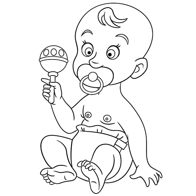 Vector cute newborn baby playing with toys. cartoon coloring book page for kids.