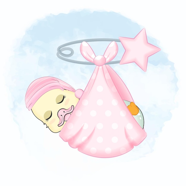 Vector cute newborn duck sleeping in a pink blanket