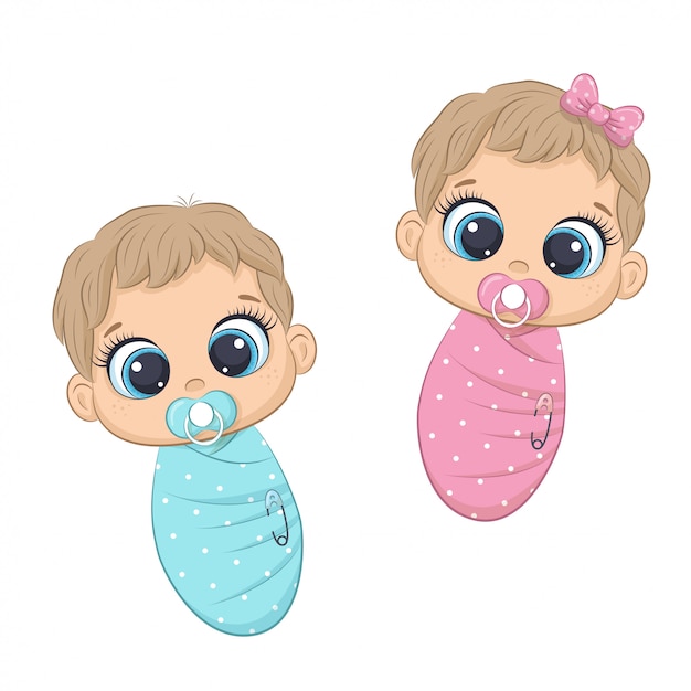 Cute newborn girl and boy.  illustration for baby shower, greeting card, party invitation, fashion clothes t-shirt print.