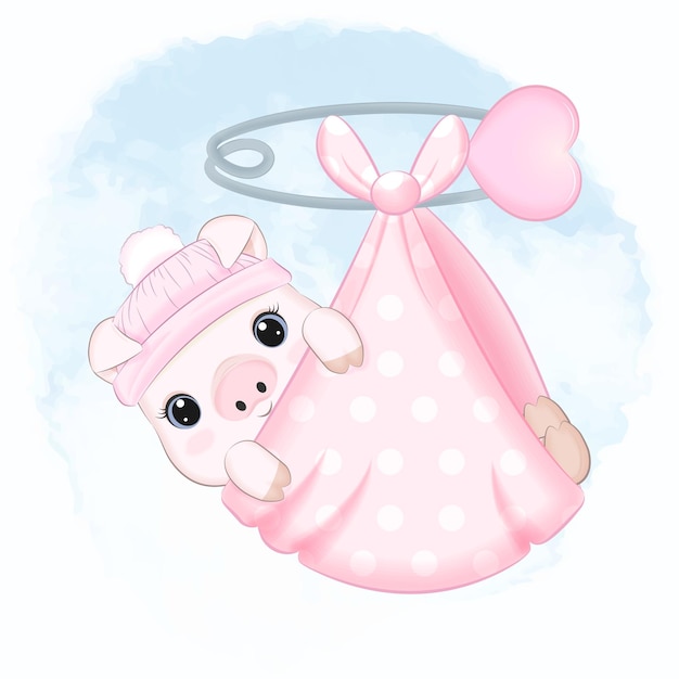 Милый новорожденный поросенок спит в розовом одеяле иллюстрации