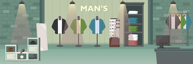 Cute and nice design of Man Clothing Store with furniture and interior objects vector design