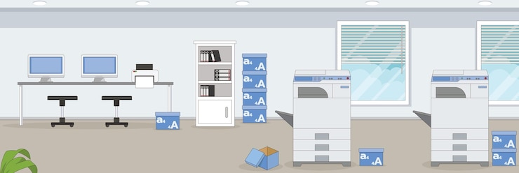Vector cute and nice design of photocopy shop with furniture and interior objects vector design