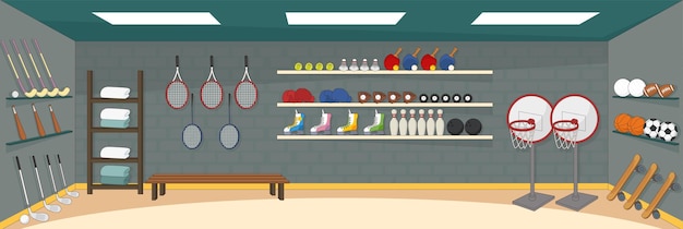 Vector cute and nice design of sporting goods shop with furniture and interior objects vector design