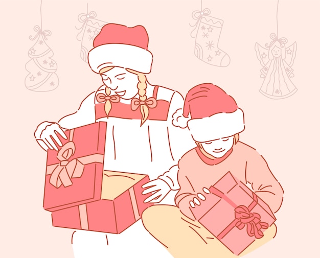 Vector cute nice girl in red santa hat hold christmas present box on holiday. happy new year. girls open xmas gifts.