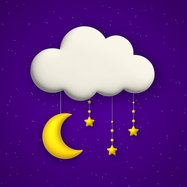 Cute night background with blue sky cloud golden stars and moon garland Vector illustration