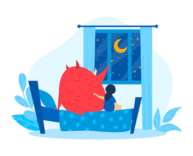 Cute night monster with girl kid character vector illustration Happy little child sit at bed room funny spooky creature in bedroom