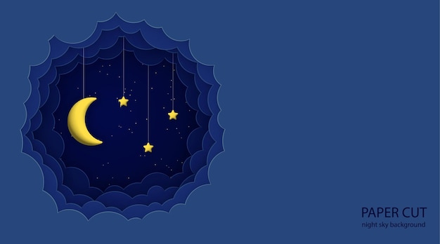 Cute night sky background with paper clouds 3d moon and stars