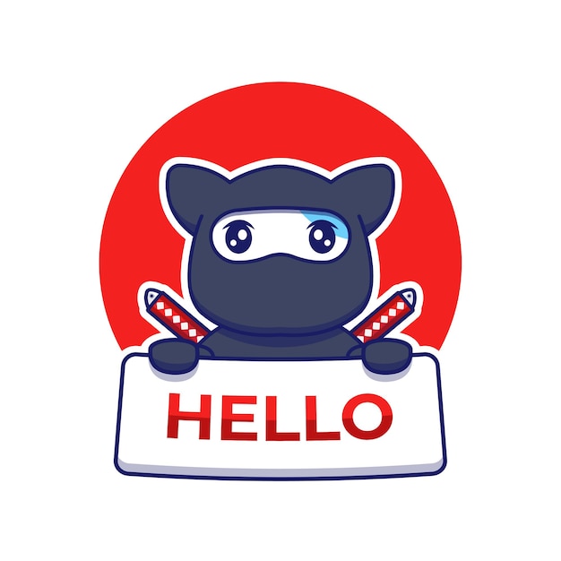 Cute ninja cat carrying hello card