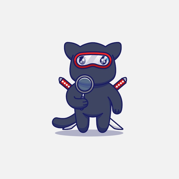 Cute ninja cat carrying magnifying glass