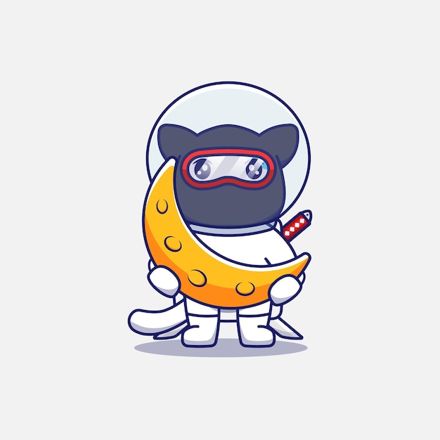 Cute ninja cat wearing astronaut suit carrying moon