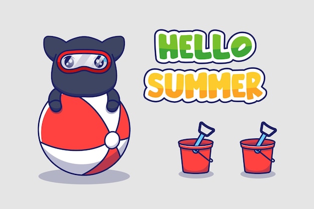 Cute ninja cat with hello summer greeting banner