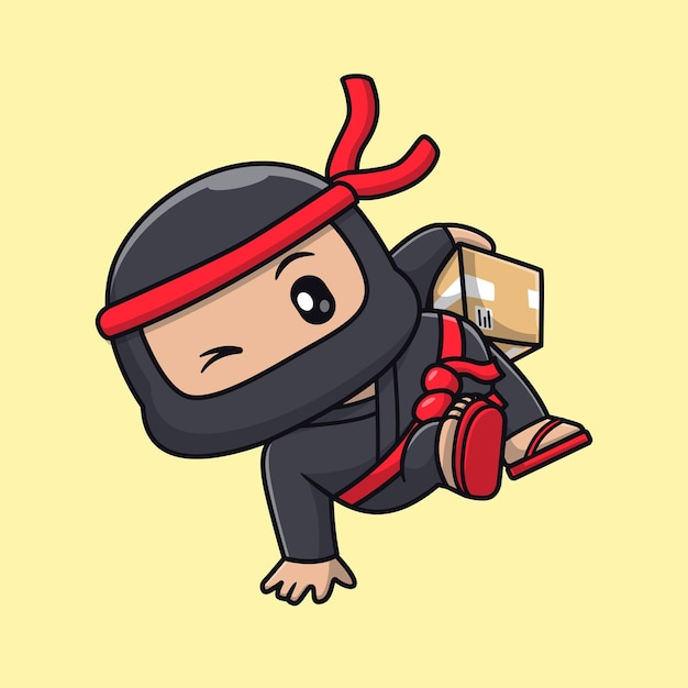 Cute ninja courier delivery package cartoon vector icon illustration people holiday icon isolated