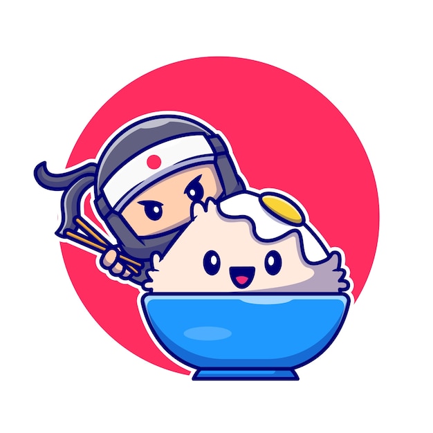 Cute ninja eating tamago rice bowl with chopstick cartoon .
people food icon concept isolated . flat cartoon style