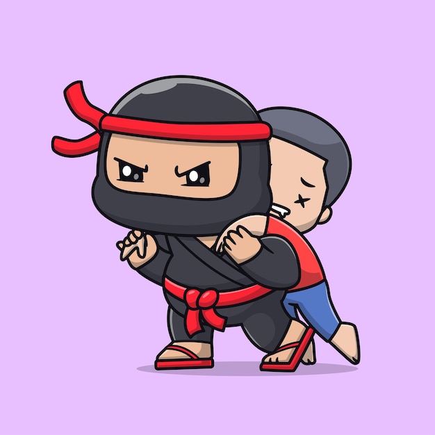 Simpatico ninja che aiuta il ragazzo cartone animato icona vettore illustrazione persone icona vacanza concetto isolato piatto