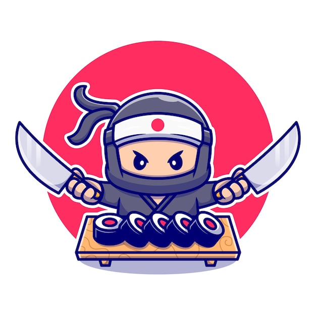 Cute Ninja Holding Knife With Sushi Cartoon . People Food Icon Concept Isolated . Flat Cartoon Style