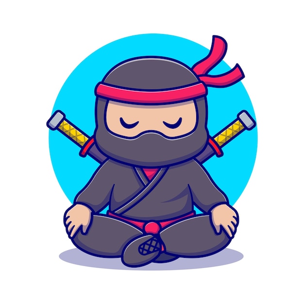 ベクトル 2 本の剣であぐらをかいて座っているかわいい忍者の漫画のベクトル図