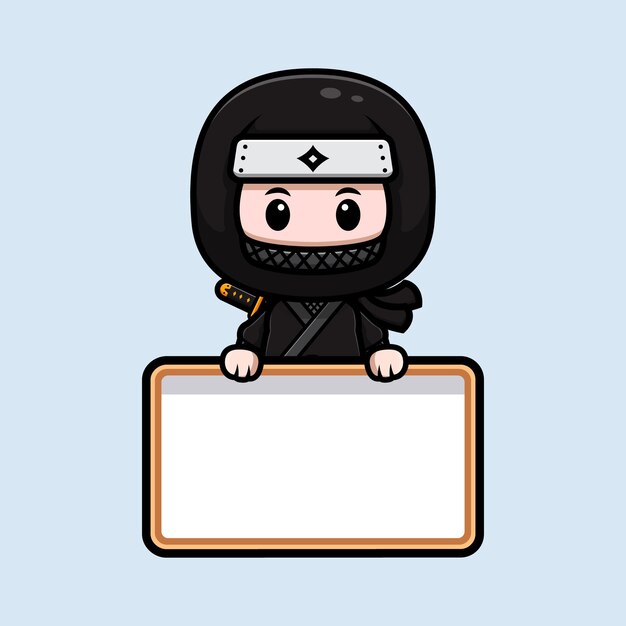 Vector cute ninja with blank white board mascot icon illustration