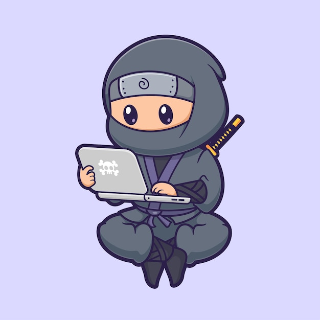 Ninja carino che lavora sul portatile cartoon vector icon illustrazione persone tecnologia isolata piatta