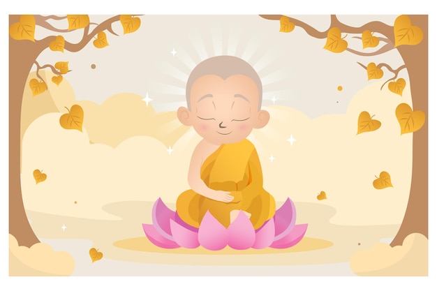 Cute Novice Buddhist Monk Illustration Sitting Meditating Meditation in Lotus Flower Position Buddha