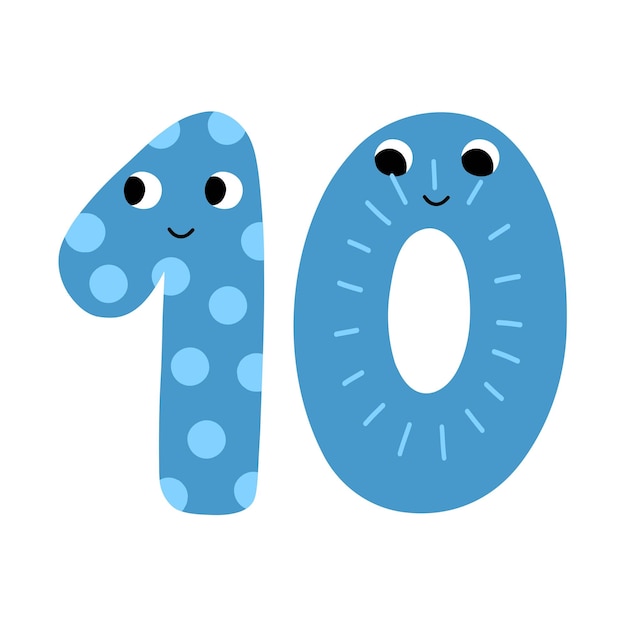 Vector cute number ten character for kids leaning numbers for preschool doodle number 10 in cartoon style