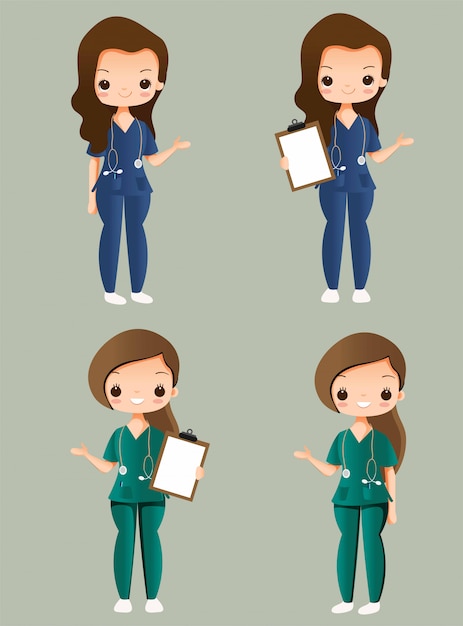 Vector cute nurse cartoon character collection set