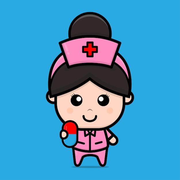 Cute nurse holding pil character illustration