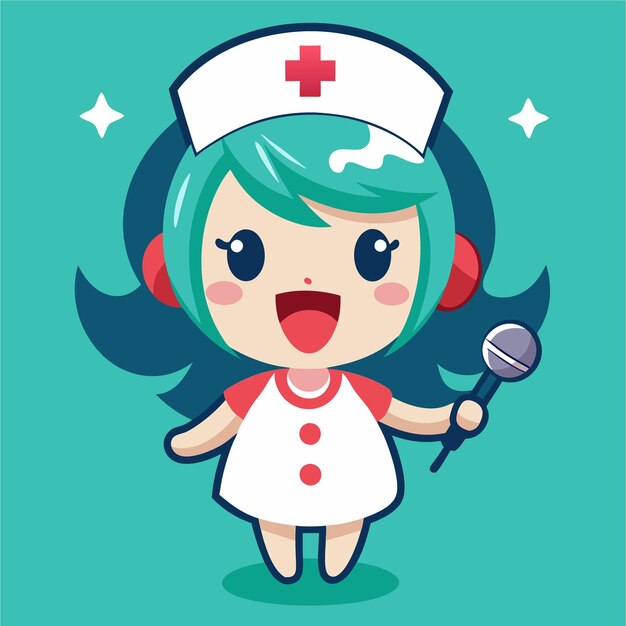 Vector cute nurse kawaii singing with microphone cartoon character illustration