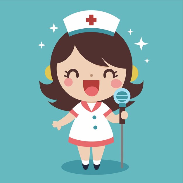 Vector cute nurse kawaii singing with microphone cartoon character illustration