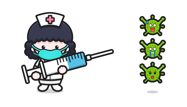 Cute nurse mascot character fight against virus cartoon vector icon illustration. design isolated on white. flat cartoon style.