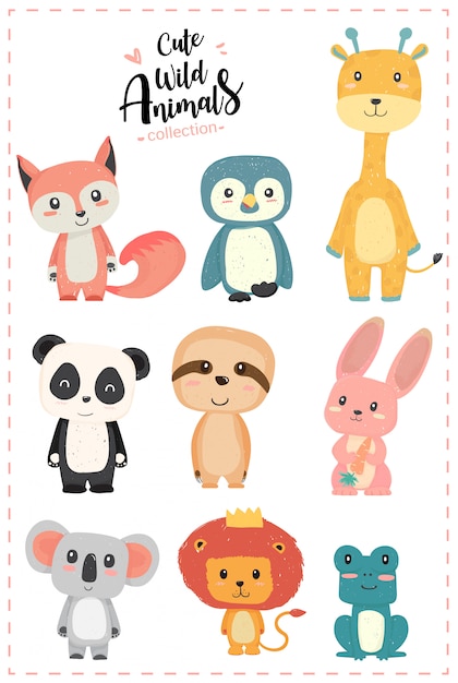 Vector cute nursery wild animal pastel hand drawn collection  penguin, giraffe, panda, sloth,rabbit, koala, lion, frog